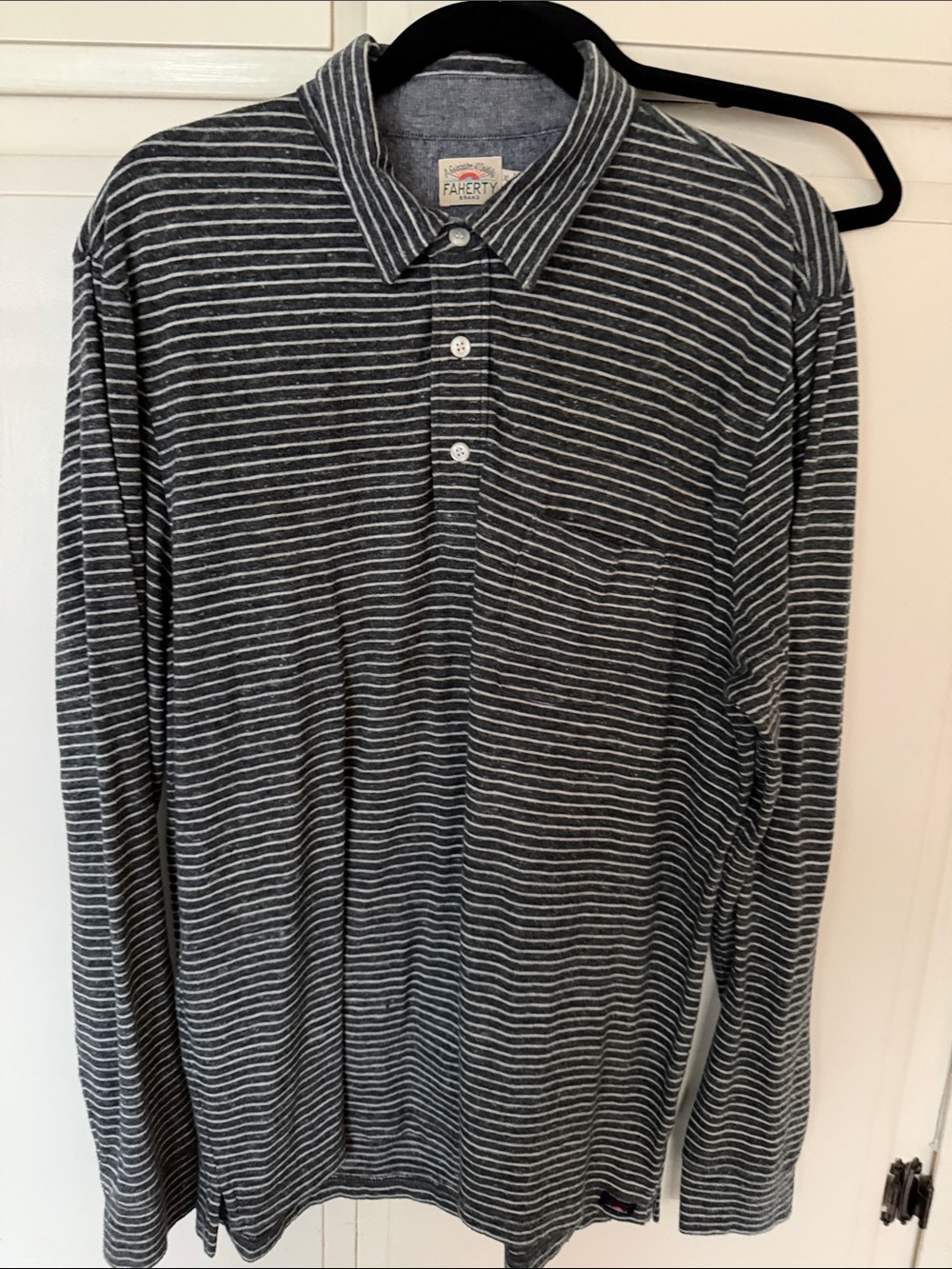 Faherty Men’s Long-Sleeve Striped Polo - Charcoal & White